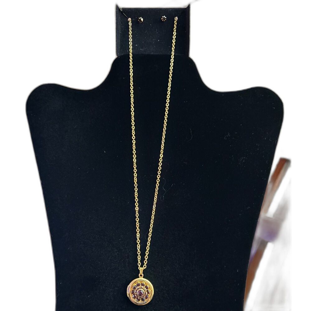 Avon February Birthstone Locket Set 1985 Simulated Amethyst Necklace Earrings V